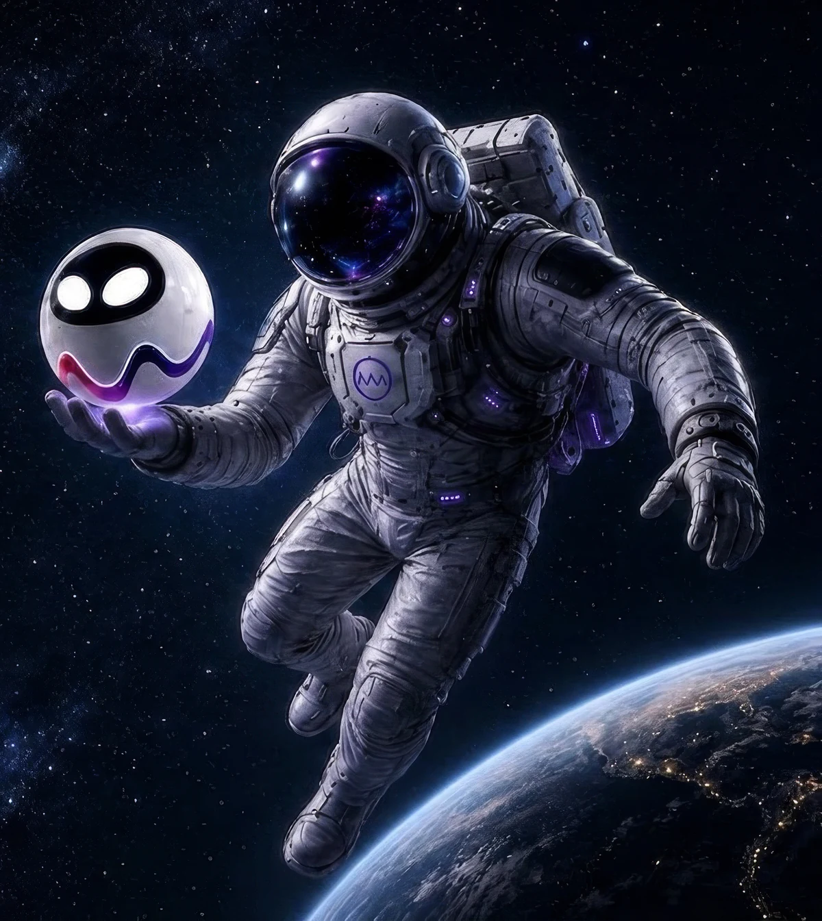Astronauta sosteniendo el robot de Wiranova Educative AI sobre la Tierra, en el espacio profundo Dark Space.